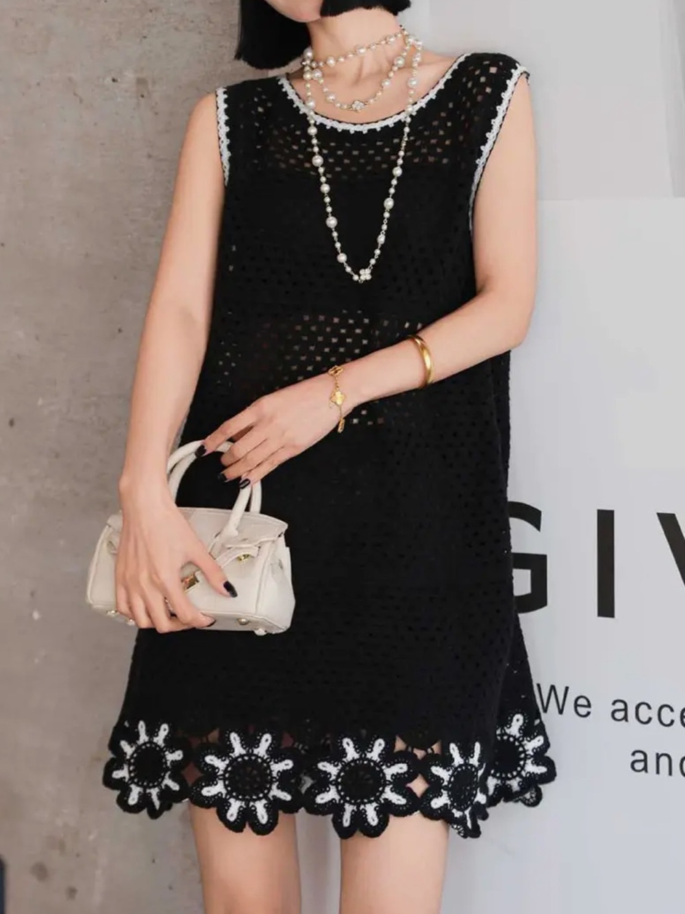 ShopEvelynne Black Crochet Mini Dress with White Trim & Floral Hem